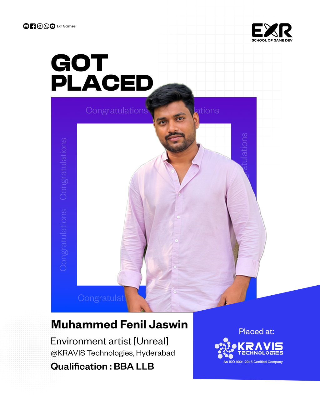 Muhammed Fenil Jaswin placed as Environment Artist (Unreal) at KRAVIS Technologies, Hyderabad — EXR Games